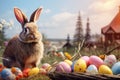 Eggstravaganza Unleashed: Fluffy Bunny Roaming a Field Bursting with Colorful Eggs. Generative AI