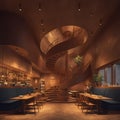 Modern Copper Cafe Interior with Curved Staircase and Blue Seats Royalty Free Stock Photo