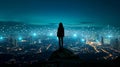 Tech Empowerment: Silhouette of Woman Atop Hill, Night City with Connected Tech Nodes (AI-Generated)