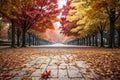 AI illustration of a beautiful walkway with falling leaves in an autumn city park