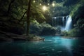 Beauty of a waterfall illuminated by the ethereal glow of the moonlight. Generative AI