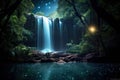 Beauty of a waterfall illuminated by the ethereal glow of the moonlight. Generative AI