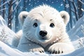 Baby Polar Bear Nestled in Powdery Snow Drifts - Fluttering Snowflakes Cascading Down, Winter Wonderland Delight