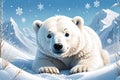 Baby Polar Bear Nestled in Powdery Snow Drifts - Fluttering Snowflakes Cascading Down, Winter Wonderland Delight