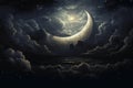 Midnight Serenity: Crescent Moon Amongst Clouds in the Night Sky (AI Generated)