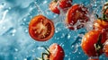 Crimson Cascades, A Mesmerizing Symphony of Tomatoes Plummeting Into the Aqua Abyss