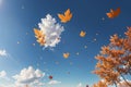 Whimsical Autumn Leaves Flying Across the Blue Sky