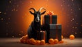 Black Friday Gift Box Besides the Goat with Orange Fruit, Small Orange Ribbons Scattered with Soft Sunset Light Background