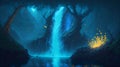 Enchanted Bioluminescent Waterfall in Glowing Forest with Shining Leaves
