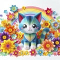 Blooms and Feline Bliss: Kirigami Cat in Colorful Isolation