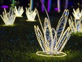 LED light installation, a leaf-shaped LED light decoration on the grass at night.