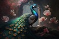 Majestic Chinese Peacock in a Beautiful Garden of Blossoms