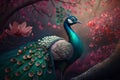 Majestic Chinese Peacock in a Beautiful Garden of Blossoms