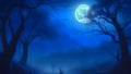 Night landscape, against the backdrop of the full moon, stars and fog are visible, creating a mystical Halloween atmosphere. Royalty Free Stock Photo