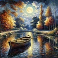 rowboat on a moonlit river, with autumn trees reflected on the water. landscape background, painting Royalty Free Stock Photo