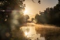 Mystical Sunset Mist Over Canal: Golden Rays Illuminating Tranquility