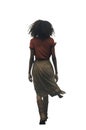 cute teen girl walking away. African american black teen girl rear view. leather boots, red shirt and brown skirt. Royalty Free Stock Photo