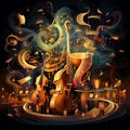 Surreal Illustration of a Golden Musical Instrument Orchestra