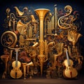 Surreal Illustration of a Golden Musical Instrument Orchestra