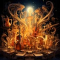 Surreal Illustration of a Golden Musical Instrument Orchestra