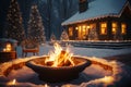 Warmth and Glow: Cozy Bonfire by a Christmas-Lit House. Generative ai