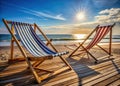 A Serene Outdoor Setting Relaxing Wooden Deck Chairs Striped Loungers and a Hammock Embrace a Sunny Day by Royalty Free Stock Photo