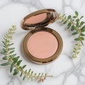 Serene Elegance Makeup Compact on White Marble with Fresh Herbs Royalty Free Stock Photo