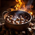 Fireside Harvest Delight: Chestnuts Roasting Over a Rustic Kettle Glow