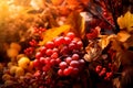 Harvest Symphony: Close-Up of Autumn Grapes and Leaves