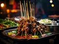 Satay Dive: Skewer Plunge into Rich Peanut Sauce Amidst Night Market Hues