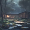 Modern Japanese Teahouse in Forest, Zen Atmosphere Royalty Free Stock Photo