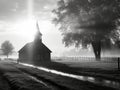 A small church in the countryside on a foggy morning with beautiful sunlight in front, black and white photo - generative ai