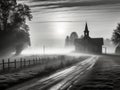 A small church in the countryside on a foggy morning with beautiful sunlight in front, black and white photo - generative ai