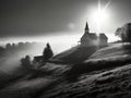 A small church in the countryside on a foggy morning with beautiful sunlight in front, black and white photo - generative ai