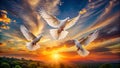 Peaceful Flight of Three White Doves Over a Serene Landscape Stunning Alpha Matte Background for Graphic Design Royalty Free Stock Photo