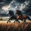 Dynamic Galloping: Two Horses Racing Amidst Dark Background Royalty Free Stock Photo