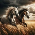 Dynamic Galloping: Two Horses Racing Amidst Dark Background Royalty Free Stock Photo