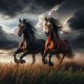 Dynamic Galloping: Two Horses Racing Amidst Dark Background Royalty Free Stock Photo