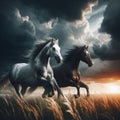 Dynamic Galloping: Two Horses Racing Amidst Dark Background Royalty Free Stock Photo