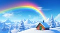 Winter\'s Promise: Wooden House and Rainbow in Winter Landscape