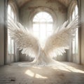 Realistic Angel Wings Transform Rustic Palace, Bathed in Sunlight\'s Embrace