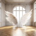 Realistic Angel Wings Transform Rustic Palace, Bathed in Sunlight\'s Embrace