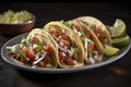 A spicy plate of tacos with tender meat or flavorful vegetables, garnished with fresh cilantro and lime wedges.Â  Royalty Free Stock Photo