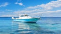 A White and Blue Boat Sailing on the Open Sea Royalty Free Stock Photo