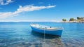 A White and Blue Boat Sailing on the Open Sea Royalty Free Stock Photo