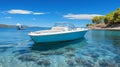 A White and Blue Boat Sailing on the Open Sea Royalty Free Stock Photo