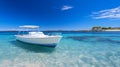 A White and Blue Boat Sailing on the Open Sea Royalty Free Stock Photo