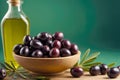 Gourmet Olives and Olive Oil on Green, Stock Photo, AI Generated