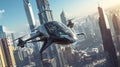 Experience future of commuting as flying taxi effortlessly integrates into dynamic city\'s skyline