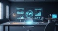 Futuristic holographic globe display in a high-tech command center with data visualizations Royalty Free Stock Photo